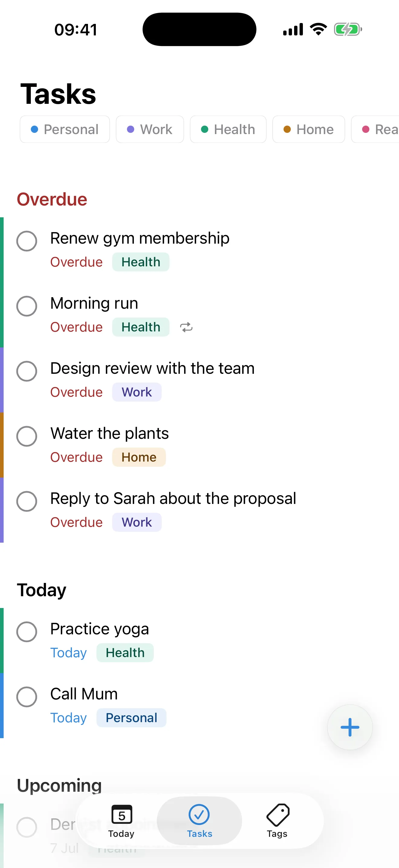 The Wren Tasks screen, showing tasks grouped by Overdue, Today, and Upcoming with colour-coded tags.