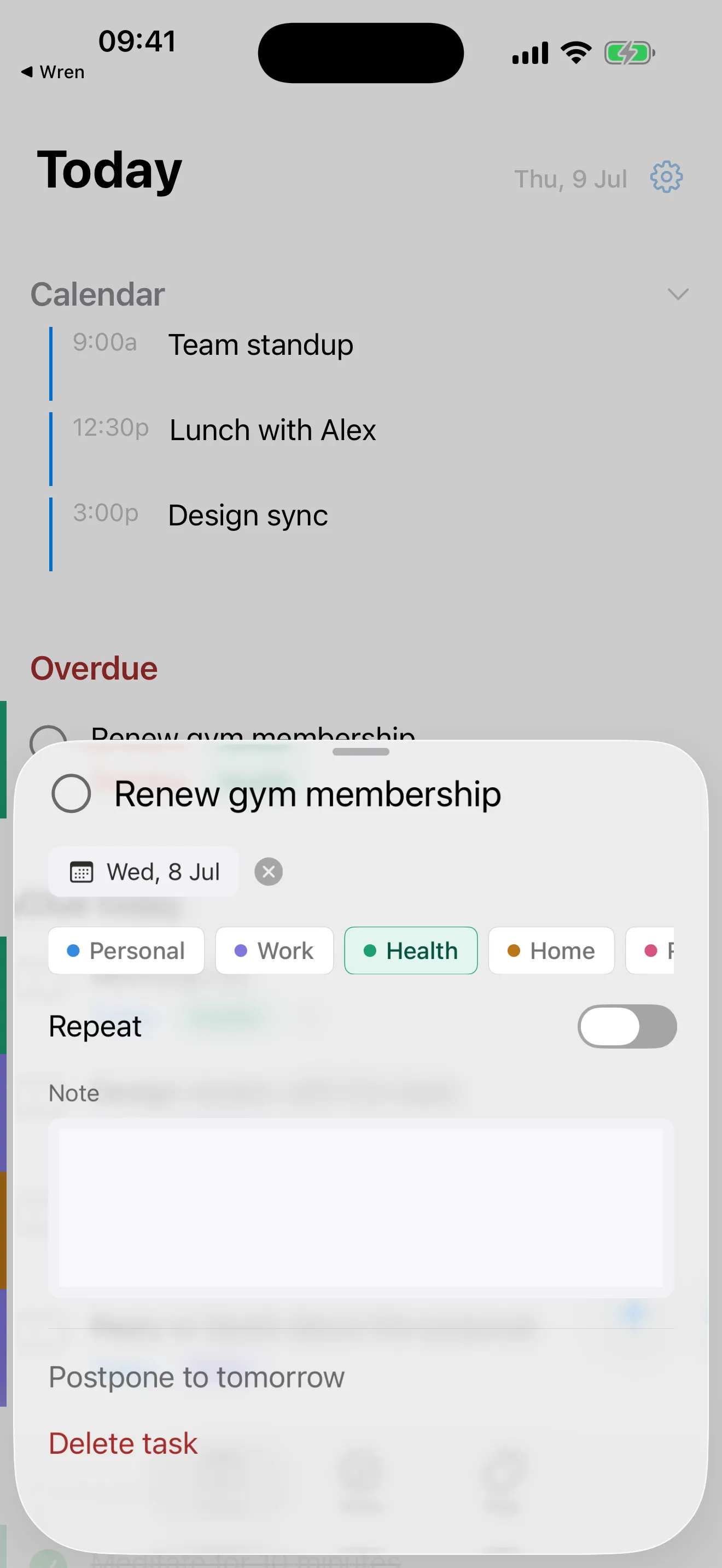 A task's detail sheet open over the Today screen, for editing its date, tag, and notes.