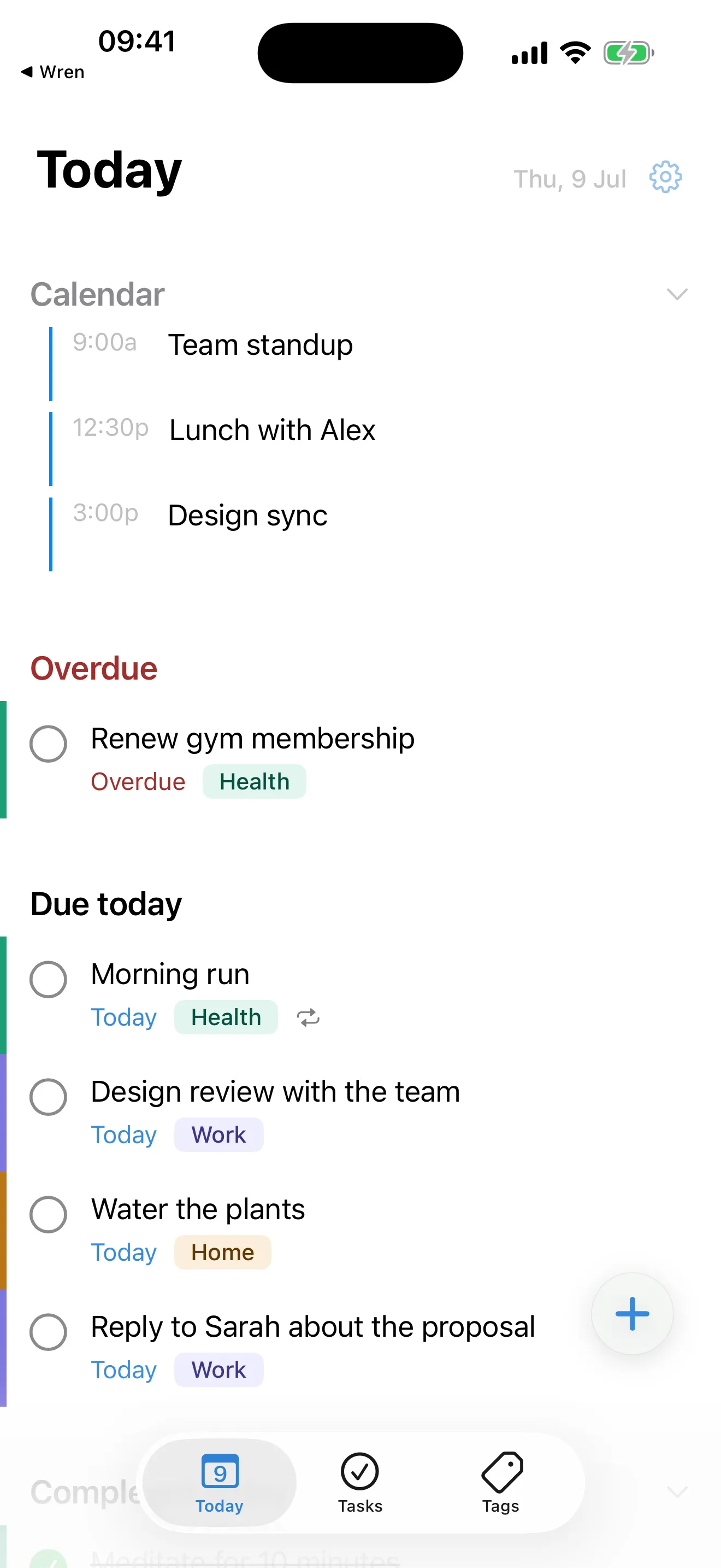 The Wren Today screen, showing calendar events above tasks that are overdue and due today.